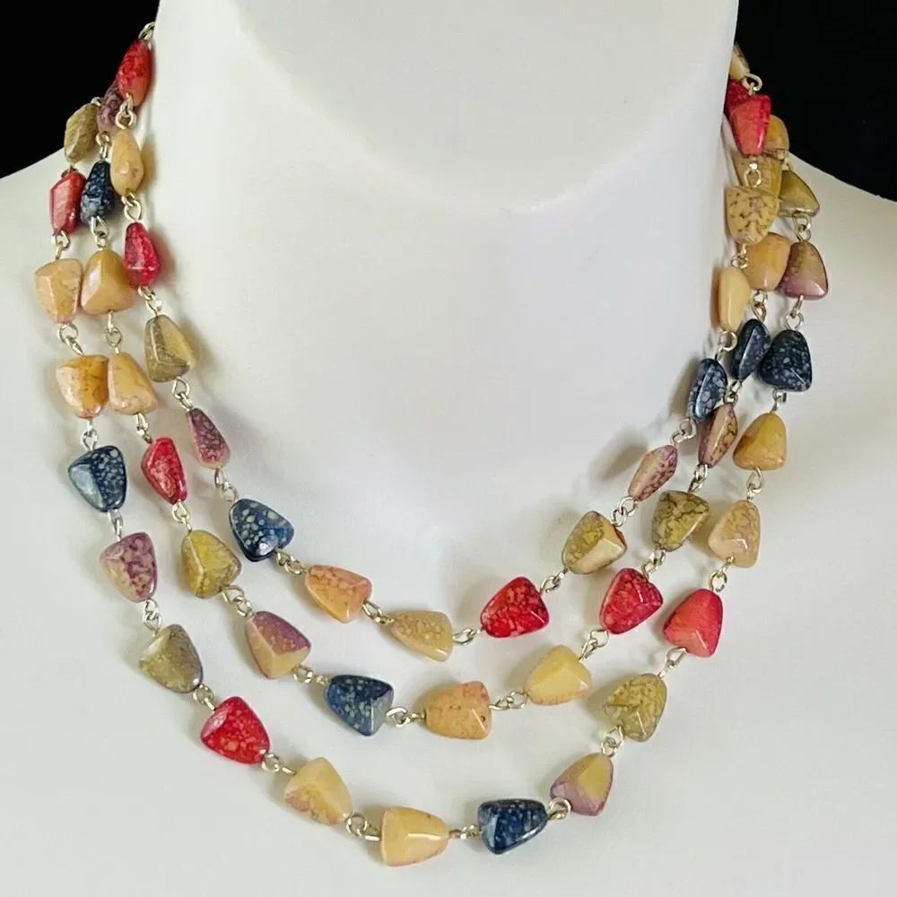 Vintage Colorful Faux Stone Chip Multi Colored Stranded Necklace Lightweight 48”